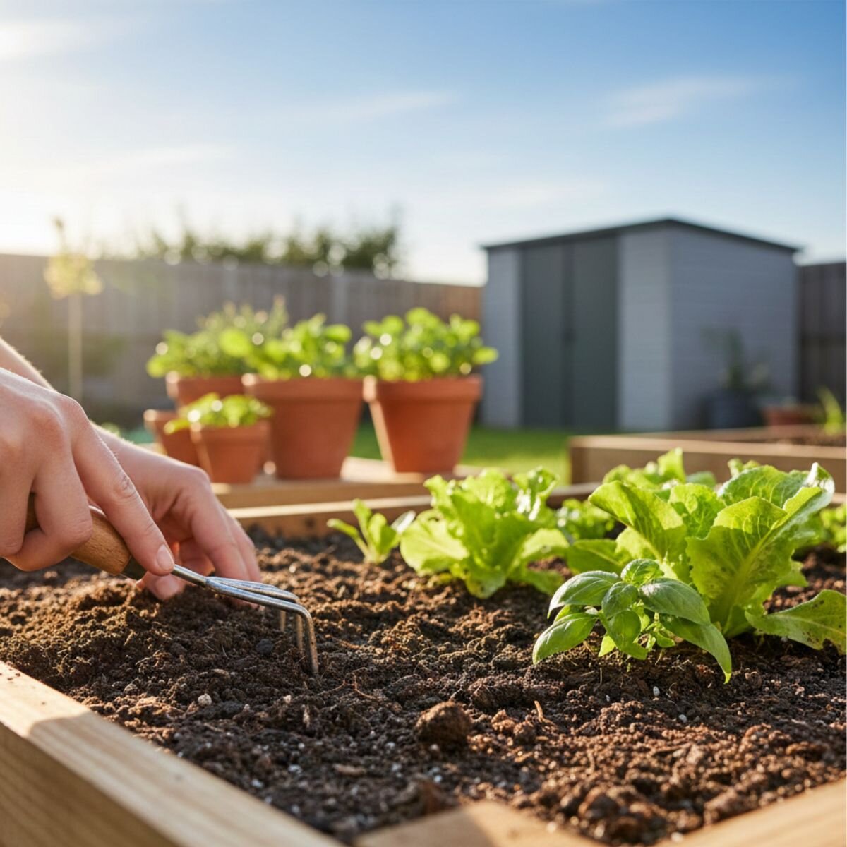 boden-lockern-durch-harken-gegen-moos-und-algen-im-hochbeet